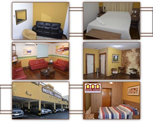 a collage of four pictures of a hotel room at Hotel Cosini in São Sebastião do Paraíso