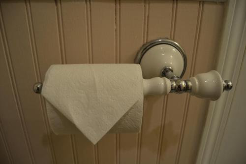 a roll of toilet paper hanging on a bathroom door at Frisco Lodge in Frisco