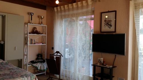 a bedroom with a window with curtains and a television at Casa Margherita in Villar San Costanzo