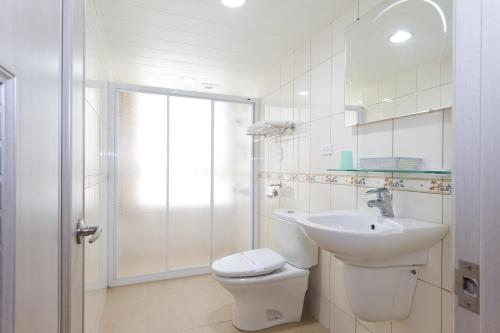 高雄的住宿－嵩山大飯店 ，白色的浴室设有卫生间和水槽。