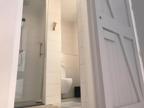 a bathroom with a toilet and a white door at Appartement Dokkum in Dokkum