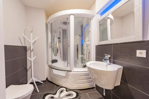ein Bad mit einer Dusche, einem Waschbecken und einem WC in der Unterkunft Holiday Trier City in Trier