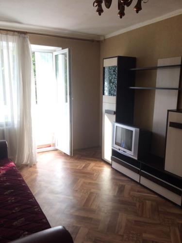 a living room with a television and a wooden floor at Apartments on Kirova 16 in Simferopol