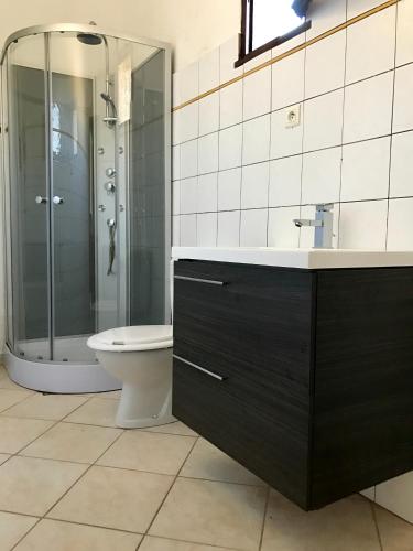 une salle de bain avec une douche, un lavabo et des toilettes dans l'établissement Appartement Abbazia proche Ghisonaccia, à Migliacciaro