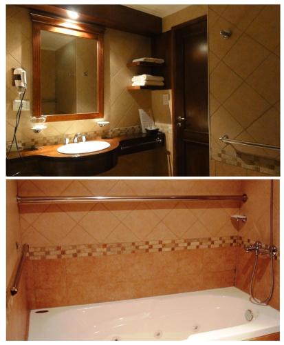 a bathroom with a sink and a bath tub at Patagonia Queen Hotel Boutique in El Calafate