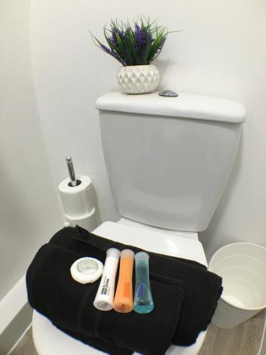 a bathroom with a toilet with towels on it at Parsons Street in Dudley