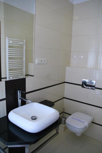 a bathroom with a white sink and a toilet at Hotel Alexandra in Pobiedziska