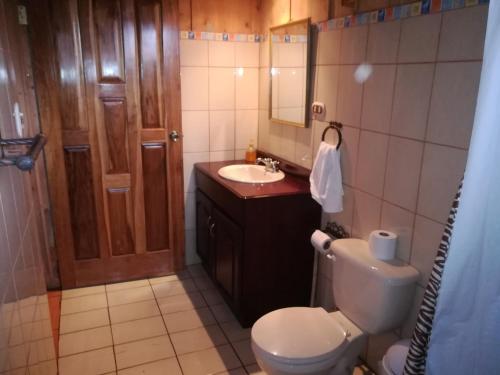 a bathroom with a toilet and a sink at Hotel Chalets Los Volcanes in Alajuela City