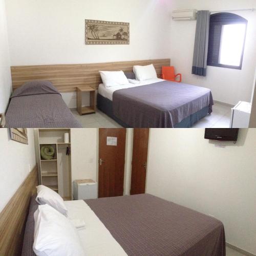two pictures of a hotel room with two beds at Pousada Parque Suites - Estacionamento e Piscina in Guarujá