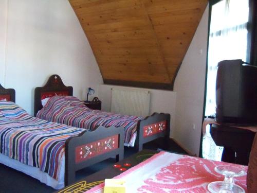 two beds sitting in a room with a tv at Góbé Csárda in Oradea