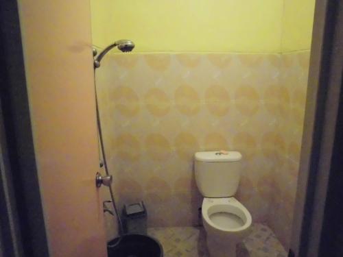 a small bathroom with a toilet and a shower at Shanum Homestay Pulau merah in Pasanggaran