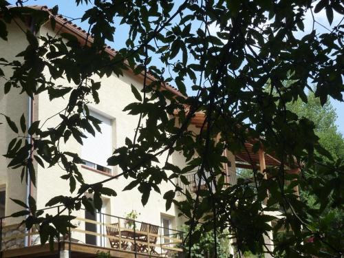 a white building with a balcony and a tree at Les cimes - Le gîte in Saint-Pierre-de-Rivière