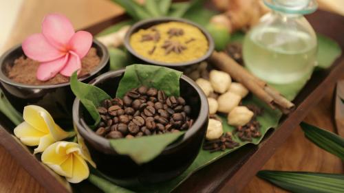a tray filled with different types of plants and food at Qunci Villas Resort in Senggigi 