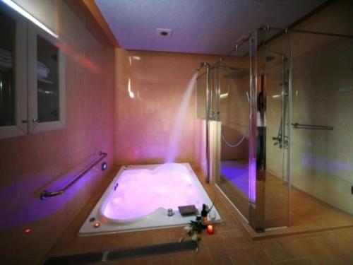 a bathroom with a bath tub and a shower at Cherry Blossom Motel in Puli