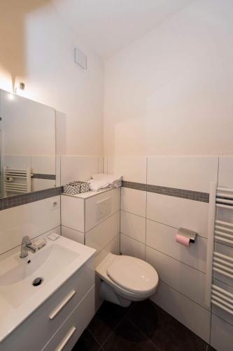 a white bathroom with a toilet and a sink at Hotel Restaurant de l'Europe in Wissembourg