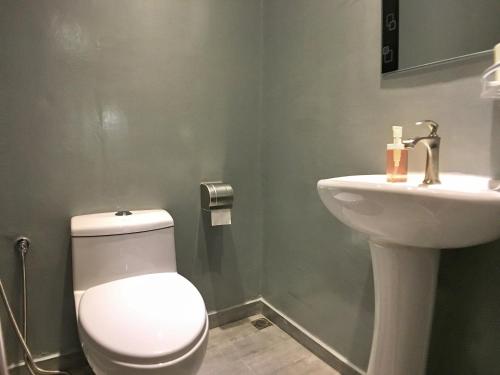 a bathroom with a white toilet and a sink at iBook Gurney Suites in George Town