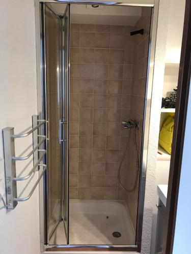 une douche avec une porte vitrée dans une salle de bain dans l'établissement Appartement 6 personnes, à Saint-Lary-Soulan
