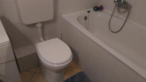 a bathroom with a white toilet and a bath tub at New Point in Zagreb