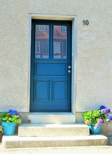 a blue door on a building with two potted plants at Kleines Stadthaus Grünberg in Grünberg