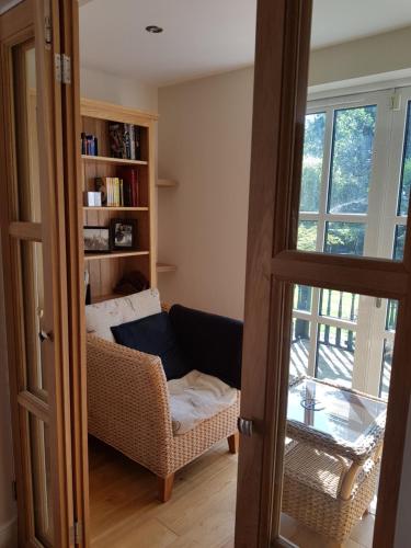 a living room with a couch and a book shelf at Weir Cottage in Fordingbridge