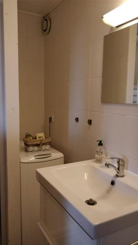 une salle de bain blanche avec un lavabo et un miroir dans l'établissement Between lake en ski resort, à Thollon-les-Mémises
