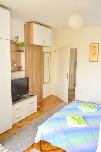 a bedroom with a tv and a bed with blue sheets at Apartment Riverside Gem in Novi Sad
