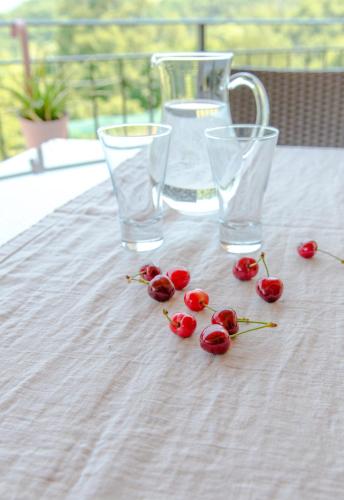 a bunch of cherries on a table with two glasses at Villa Maria in Tremosine Sul Garda