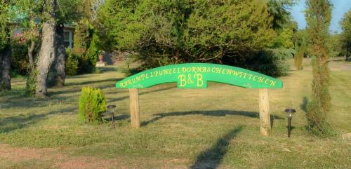 a green street sign in the middle of a park at Rarumpelpunzeldornaschenwittchen in Fredericksburg