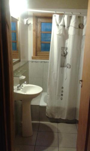 a bathroom with a sink and a shower curtain at Cabañas Los Aromos in Tandil