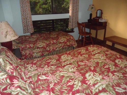 a hotel room with a bed and a desk and a window at A Beautiful Edge of the World Bed & Breakfast in Captain Cook
