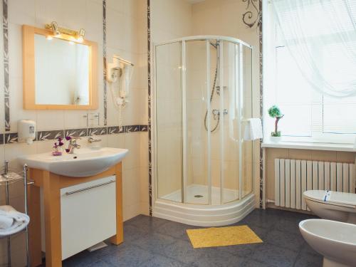 a bathroom with a shower and a sink at Hotel Diana in Dnipro
