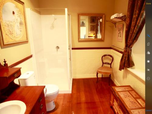 デロレインにあるBlakes Manor Self Contained Heritage Accommodationのトイレ、洗面台、シャワー付きのバスルーム