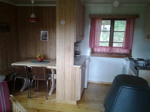 a kitchen with a table and chairs in a room at Borkhushyttene in Rundtom