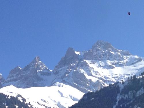 a kite flying in front of a snow covered mountain at Celine 9, Champery in Champéry