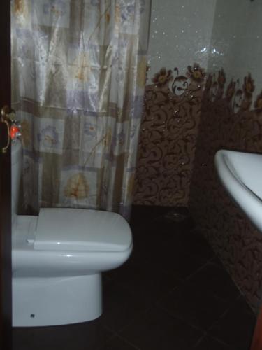 a bathroom with a toilet and a shower curtain at New Jaya Villa in Bentota