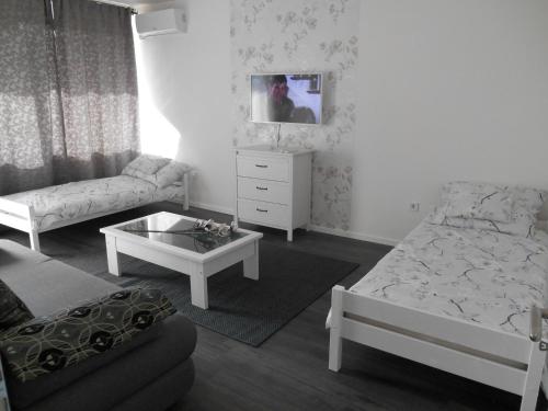 ein Wohnzimmer mit einem Bett und einem Couchtisch in der Unterkunft Bogarti Apartman in Eger
