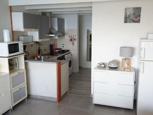 a kitchen with white cabinets and a white refrigerator at Portvendres Sea view in Port-Vendres