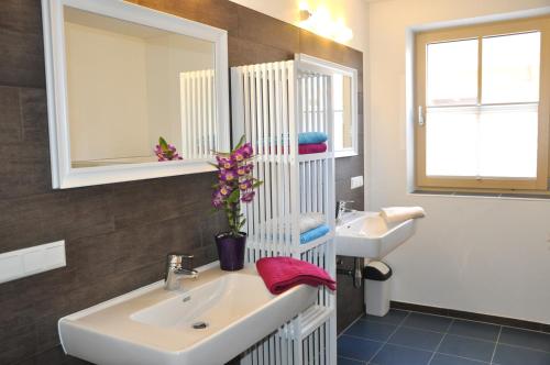 a bathroom with a sink and a toilet and a mirror at Appartement Romana - Altstadt in Schladming
