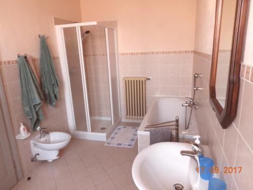 uma casa de banho com um lavatório, um WC e um chuveiro em Casa Franca em Pettenasco