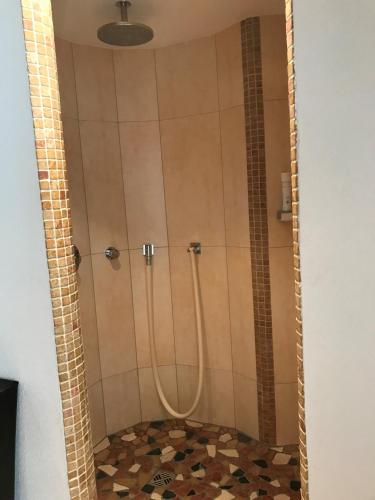 a shower in a bathroom with tiles on the wall at Landhaus Kössel in Füssen