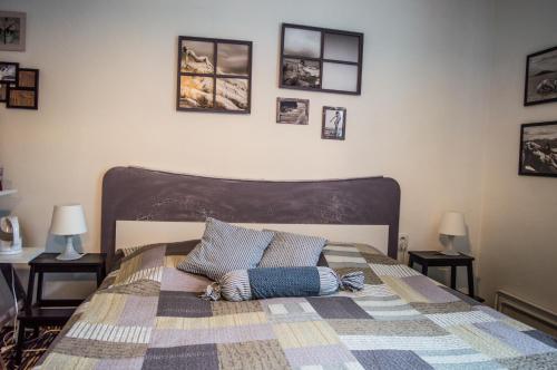 a bed with a blanket and two pillows on it at Penzion u Lupíků in Frýdlant nad Ostravicí
