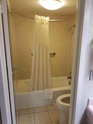 a bathroom with a shower curtain and a toilet at Super 8 by Wyndham Longview/North in Longview