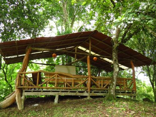 a wooden structure with a roof on a tree at Vocaré Finca Agroecológica in Upala
