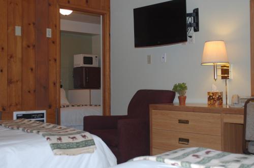 una camera d'albergo con letto, sedia e TV di Trees Motel a Bishop
