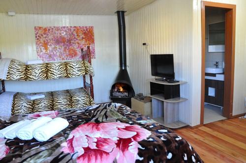 a bedroom with a bed with a fireplace and a television at Hospedagem Encanto da Serra Rural in Cambara do Sul