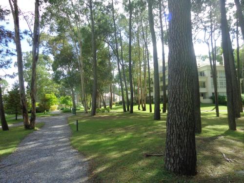 a path through a park with trees and a building at Green Park Departamentos Exclusivos in Punta del Este