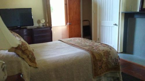 a bedroom with a bed and a flat screen tv at Concord Quarters in Natchez