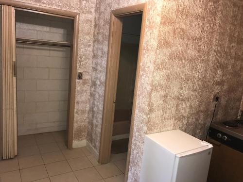ein Bad mit einem WC und einer Tür zur Dusche in der Unterkunft Flamingo Motel Marshalltown in Marshalltown