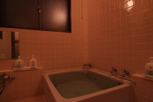 a bathroom with a large tub in a tiled room at Lodge Hahnenkamm in Nozawa Onsen