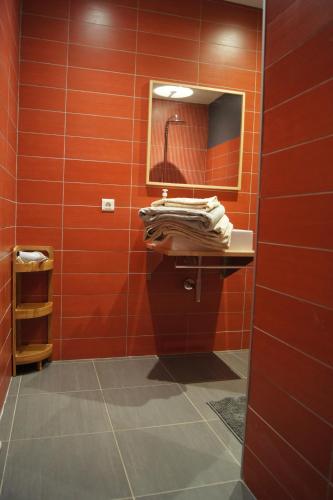 La salle de bains rouge est pourvue d'un lavabo et d'un miroir. dans l'établissement La Houblonniere, à Beire-le-Châtel